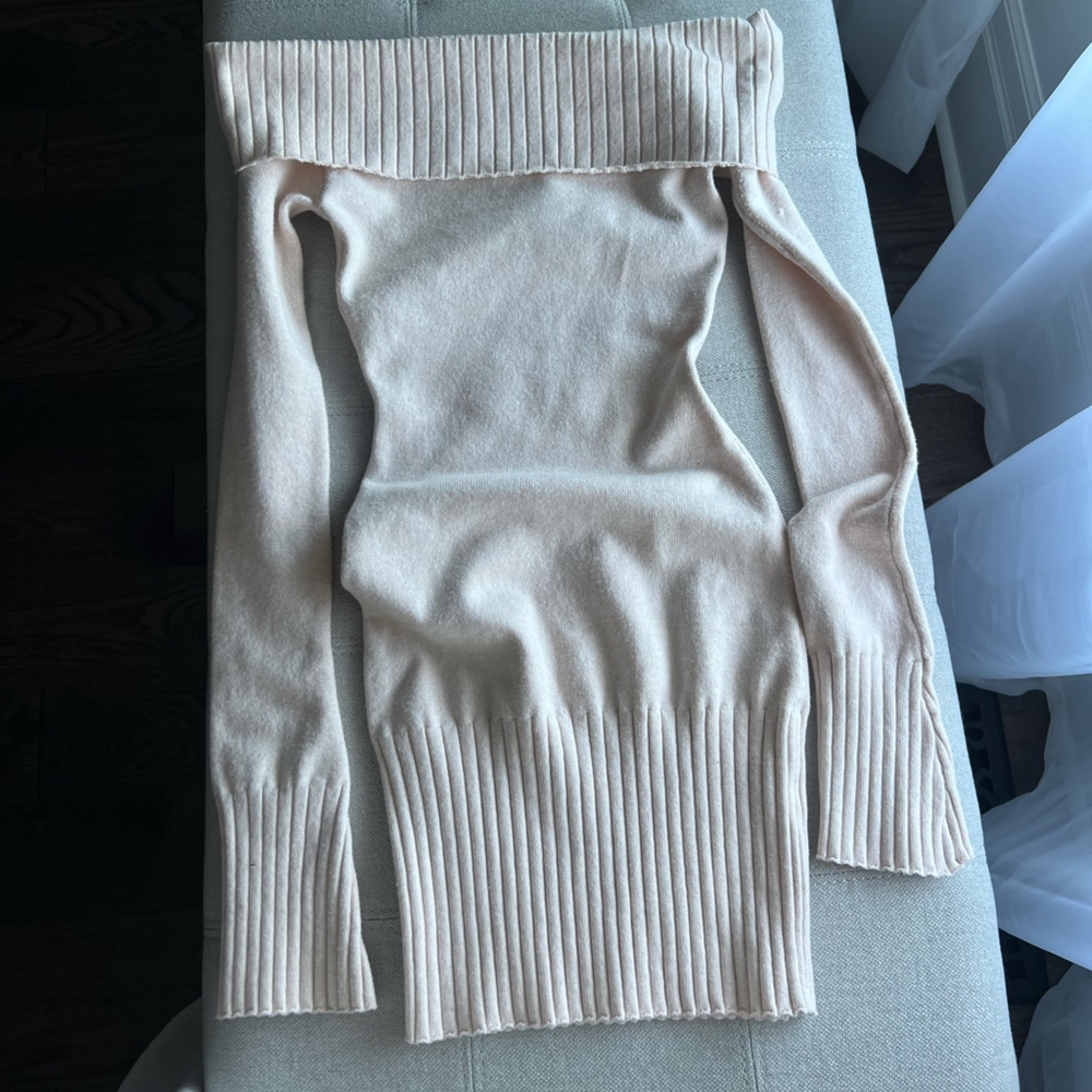 Off-Shoulder Ribbed Sweater Dress - Cream